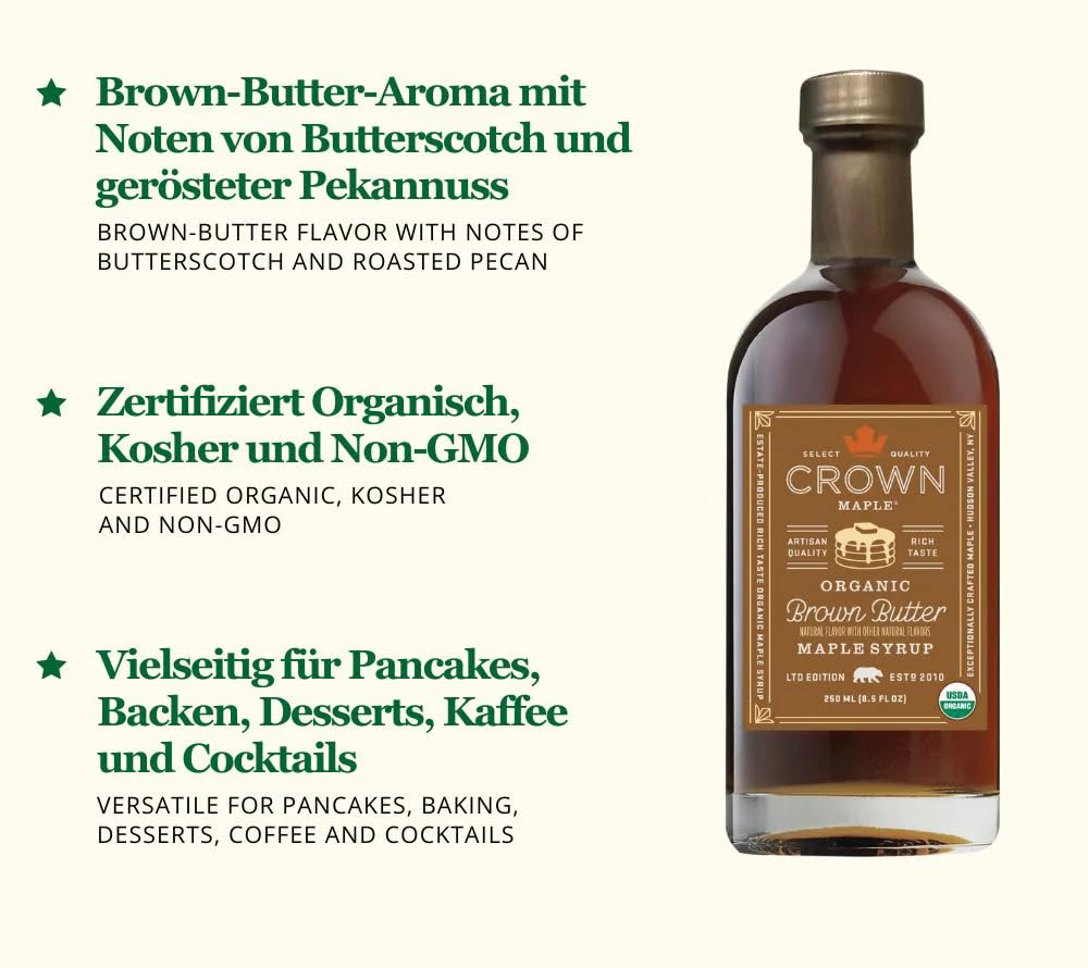 Crown Maple Organic Madagascar Vanilla Maple Syrup, Real Vanilla Bean, Pancakes, Baking, Cocktails & Brunch, 12.7 Fl Oz