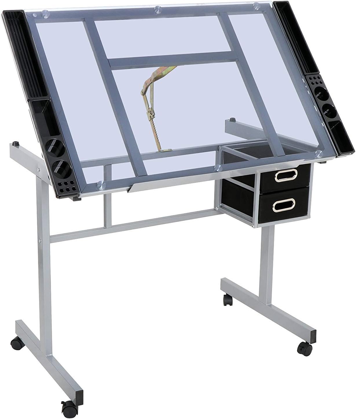 Adjustable Drafting Table Drawing Desk Art Craft Station Drafting Desk Glass Tabletop w/2 Slide Drawers and Wheels for Drawing, Sketching, Reading