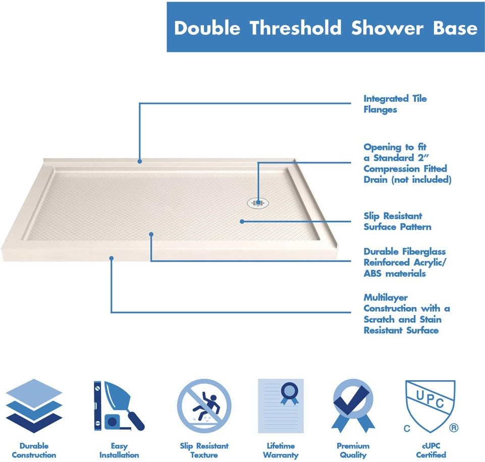 DreamLine SlimLine 34 in. D x 48 in. W x 2 3/4 in. H Right Drain Double Threshold Shower Base in White, DLT-1034482