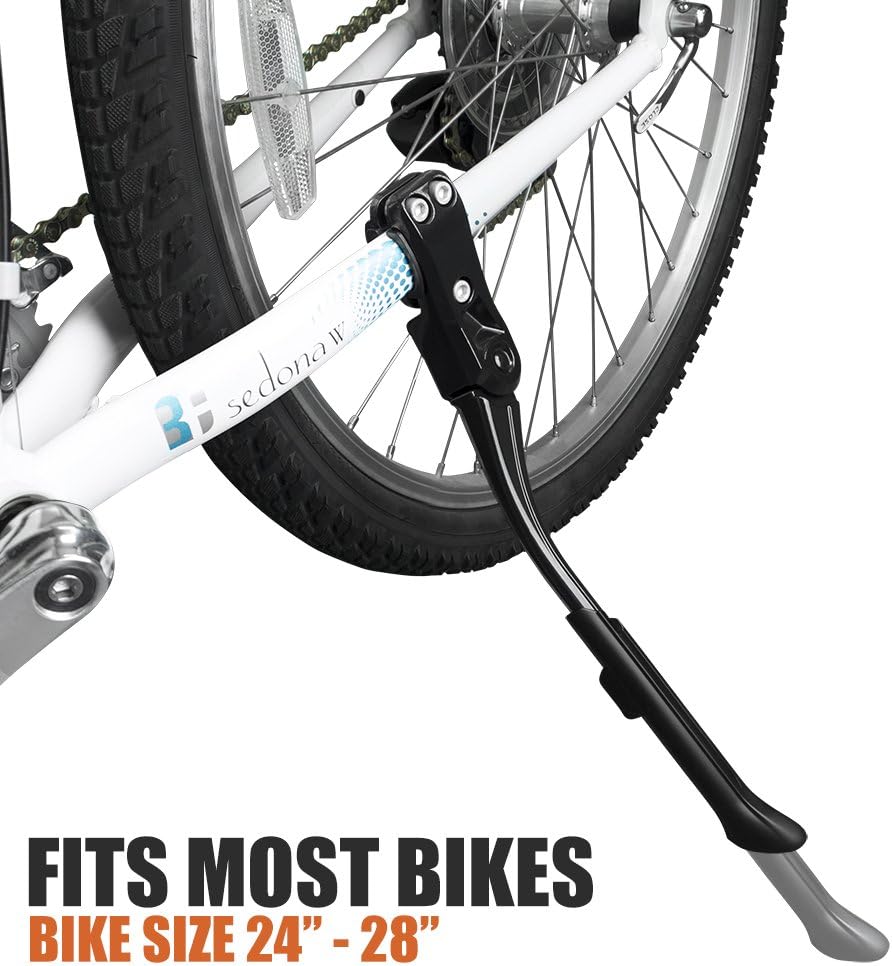 BV Rear Bike Stand for 24"-28" Bikes - Adjustable Bike Kickstand for Adult Bike with 8 Height Levels, Non-Slip Foot & Clamp Grip (Black, Capacity 55 lbs, Single Mount)