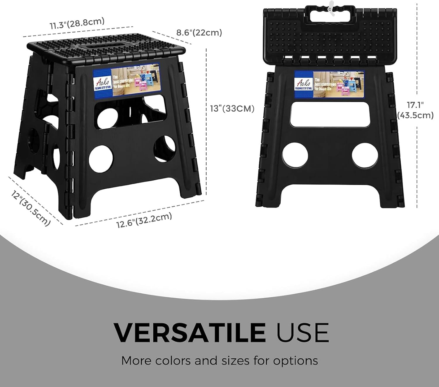 ACKO 13 Inch Folding Step Stool, Holds 300 lb for Adults and Kids, Black | Collapsible Heavy Duty Foldable Stools, Portable Non-Slip Foot Stepping stool, Kitchen Bathroom Bedroom Outdoor with Handle