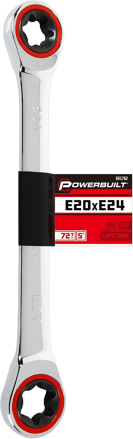 Powerbuilt E10/E12 Ratcheting Double Box-End E-Torx E-Star Wrench, 72-Tooth Ratcheting Wrench with 5-Degree Swing for Tight Spaces - 641760