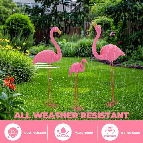 Ohuhu Family Flamingo Yard Ornaments, Set of 3 (32", 31", 19"), Pink | Metal Feet Stakes Bright Pink Flamingos Family, Garden Yard Patio Decoration
