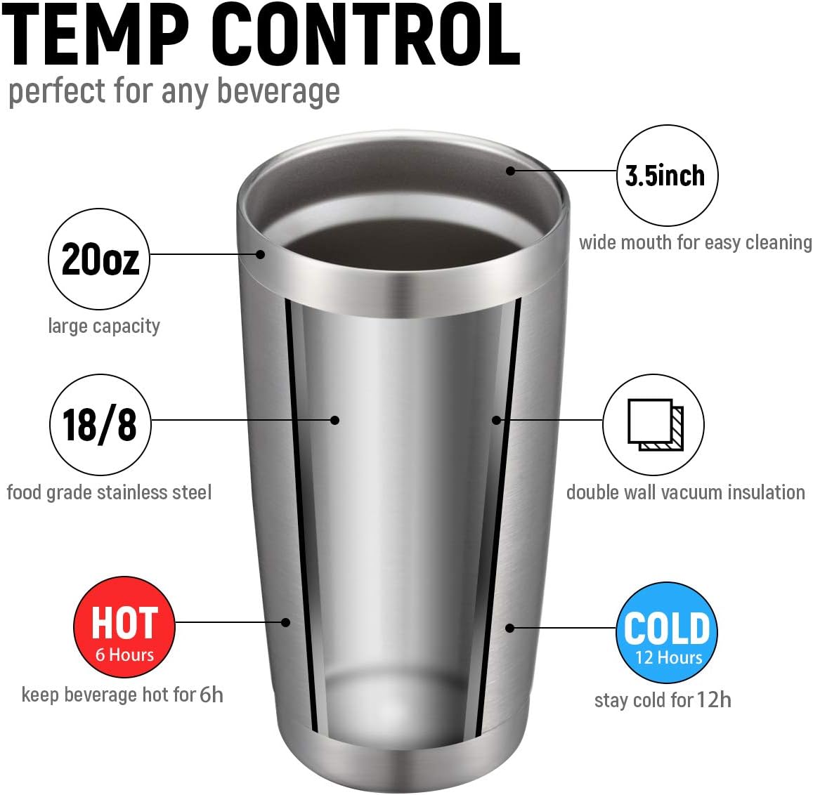 COMOOO 20oz Double Wall Vacuum Insulated Travel Mug