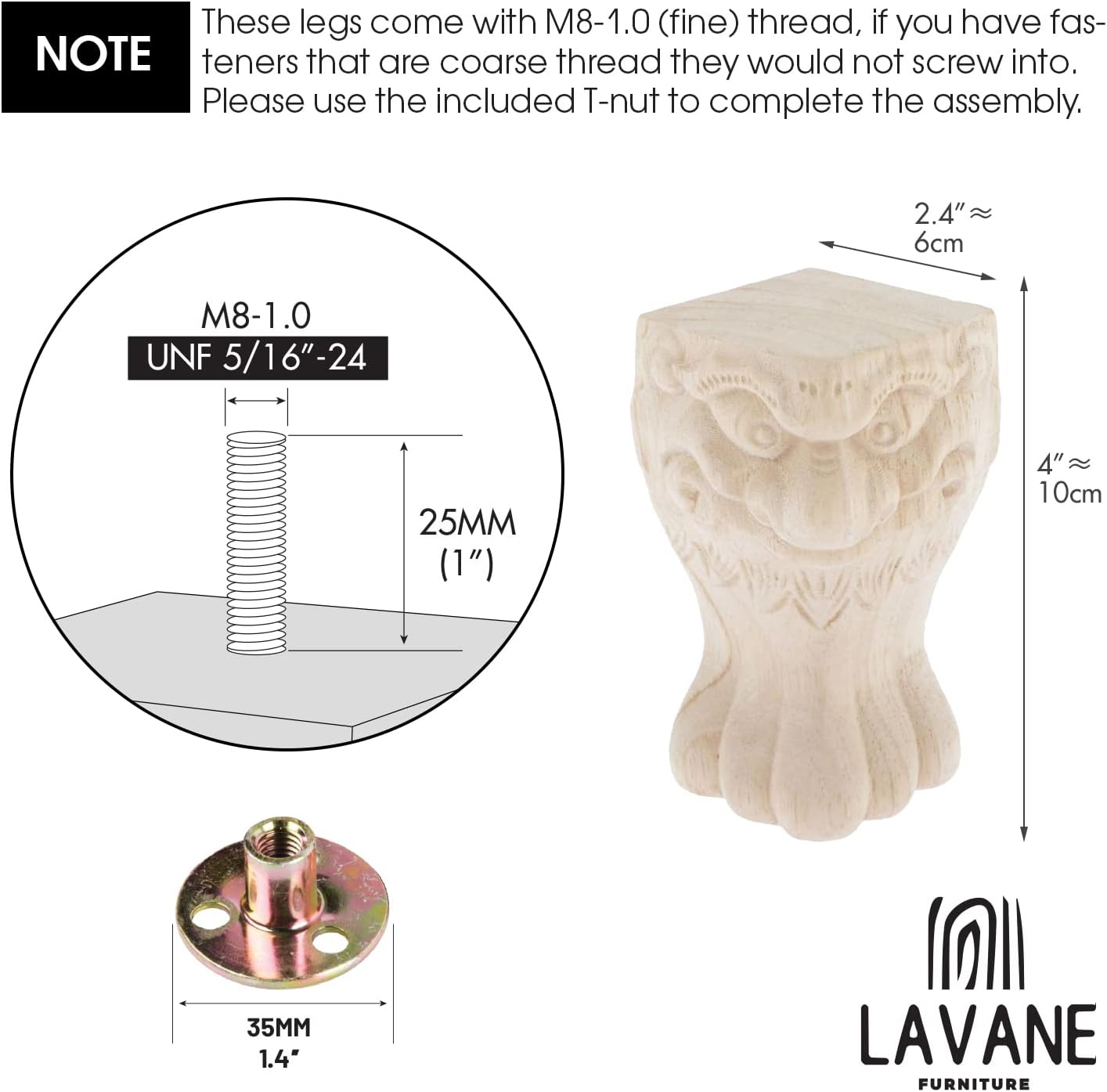 La Vane 6 inch / 15cm Wooden Furniture Legs, Set of 4 European Style Solid Wood Carving Furniture Replacement Feet Decoration for Sofa Cabinet Wardrobe Table Loveseat