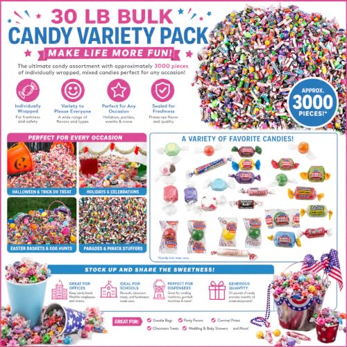 Fun Express Bulk Candy Variety Pack 30 lb, Approx 3000 Pieces | Individually Wrapped Assorted Candy, Halloween Trick Or Treat, Party Favors