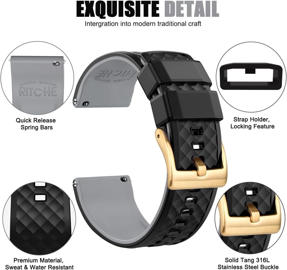Ritche Christmas Gift Silicone Watch Bands 18mm 20mm 22mm 24mm Quick Release Rubber Watch Bands for Men, White Elephant Gifts