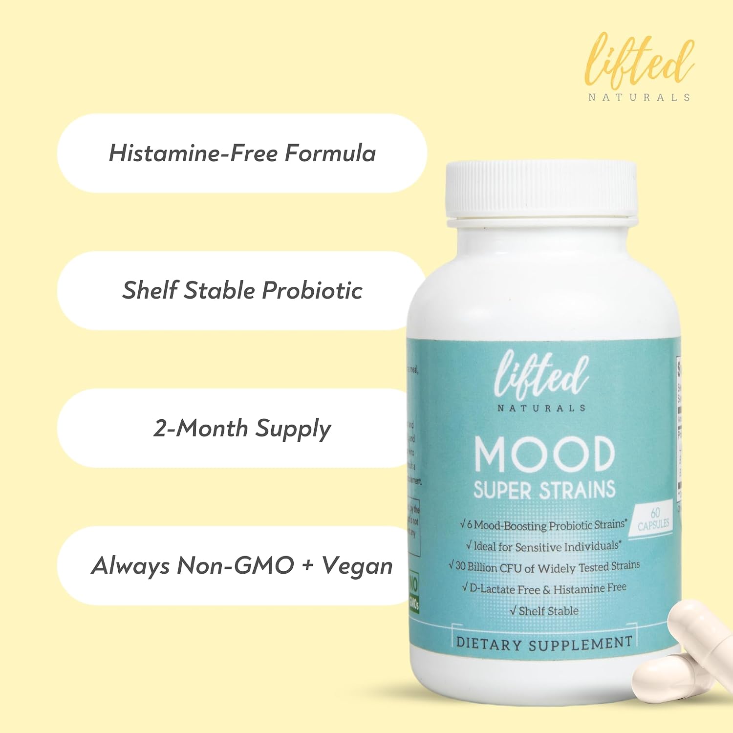 Probiotics - Mood Super Strains Probiotic - Naturally Supports Digestion & Mood - Histamine-Free Probiotics w/ L Rhamnosus GG