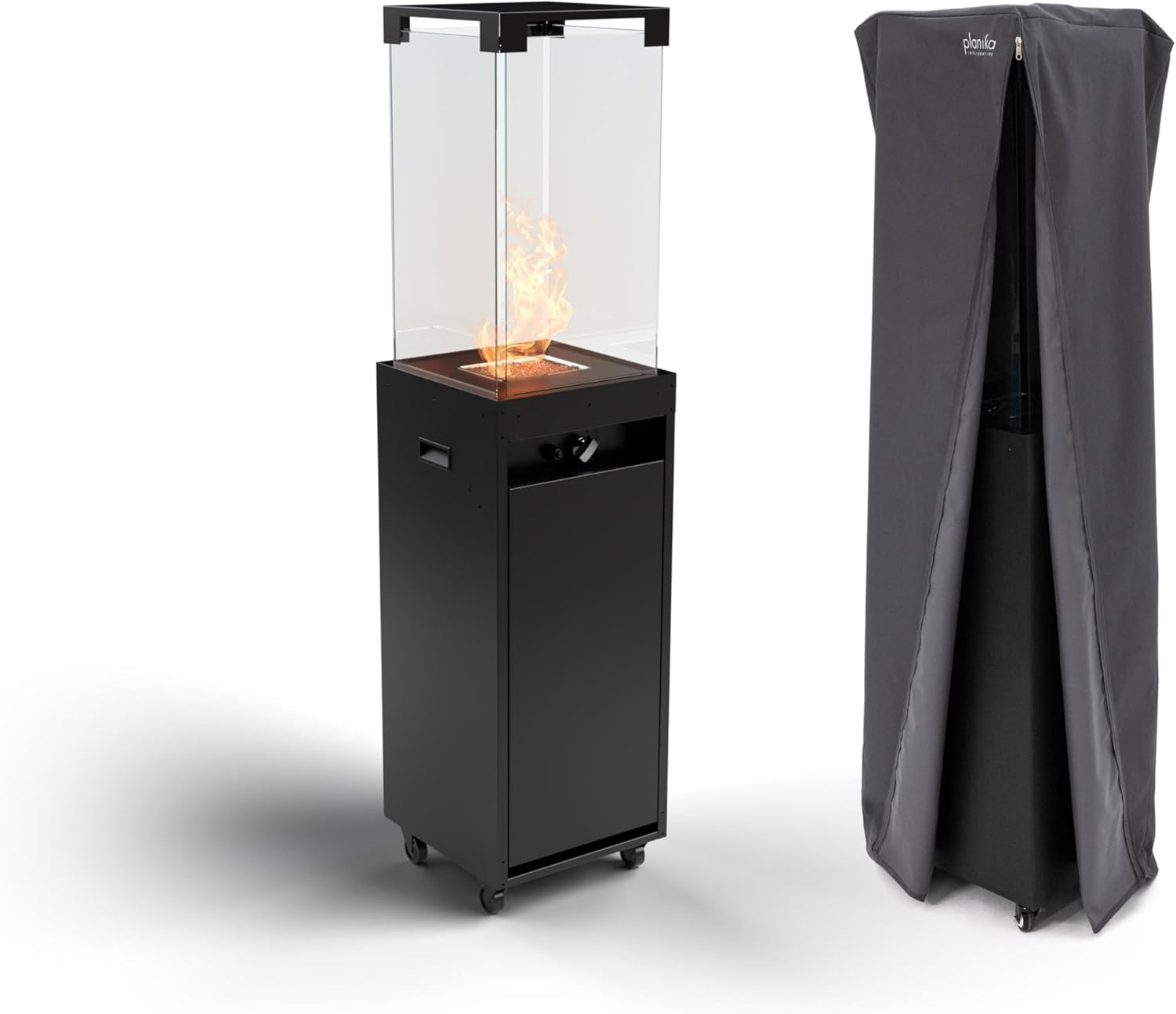 Planika Faro 41, 000 BTU Propane Patio Heater 59" Modern Freestanding Glass Tower with Wheels, Smokeless 360° Flame