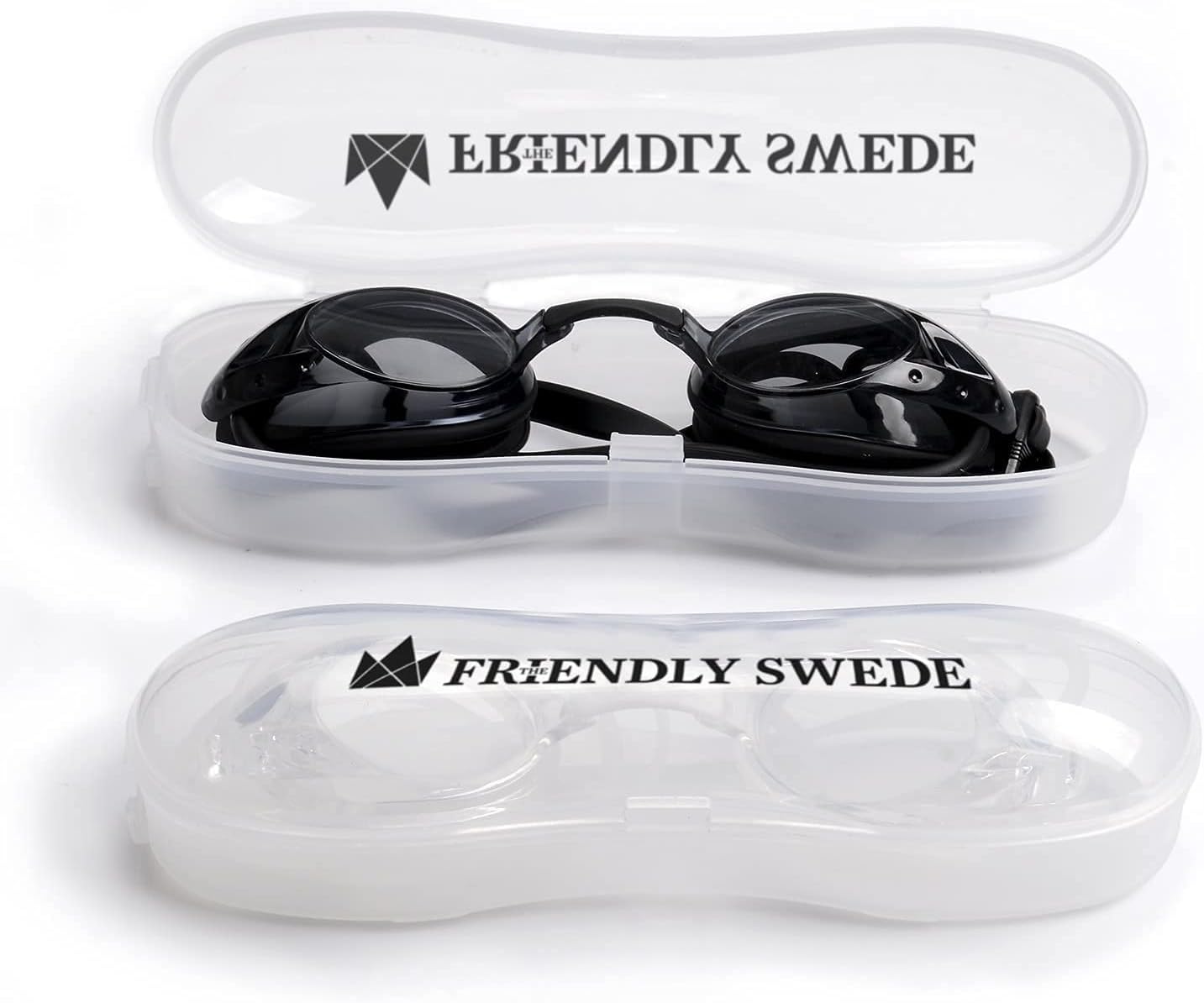 The Friendly Swede Goggles for Women & Men, 3 Nose Pieces & Case | 2 Pack, Wide Angle Lens, Anti Fog Swimming Goggles, 3 sizes of Interchangeable nose bridge (S, M, L), White/Black
