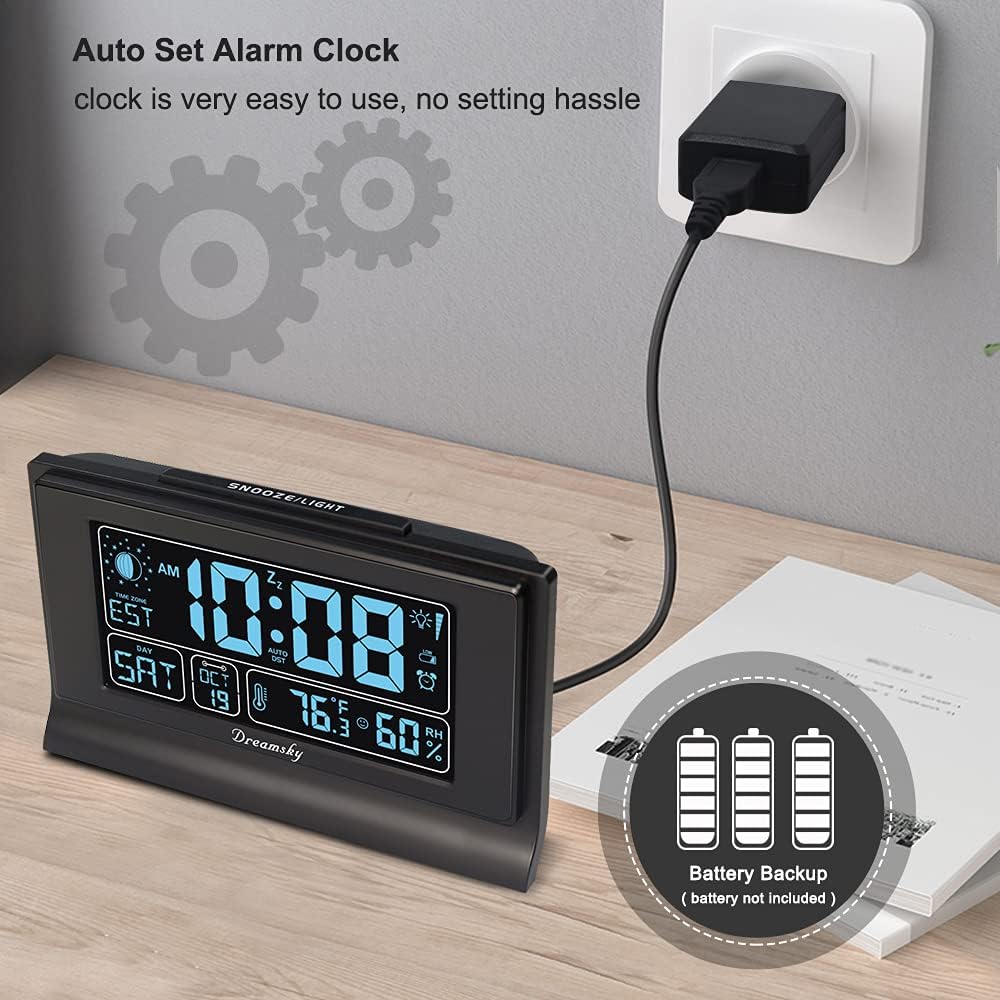 DreamSky Alarm Clocks for Bedrooms with Battery Backup, Auto Set | Digital Clock with Date & Day of Week, 5 Inch Large Display, Weekday, Temperature, USB Port, Auto DST, Brightness Dimmer