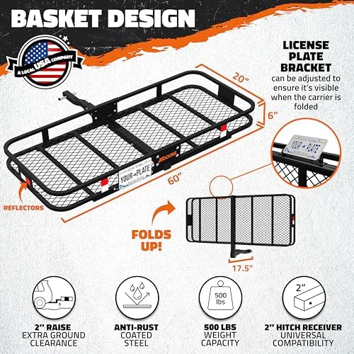 Mockins 500 lb. Capacity Folding Luggage Rack for SUV Car Truck ATV & More | Steel Trailer Hitch Cargo Carrier 60"x20"x6" w/ 16 Cu Ft Waterproof