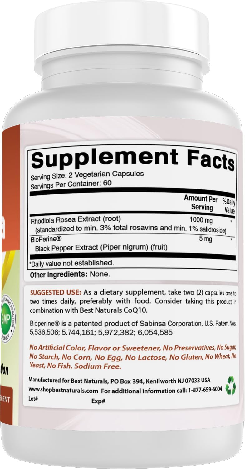 Best Naturals Rhodiola with Bioperine 1000mg Serving - 120 Veggie Capsules