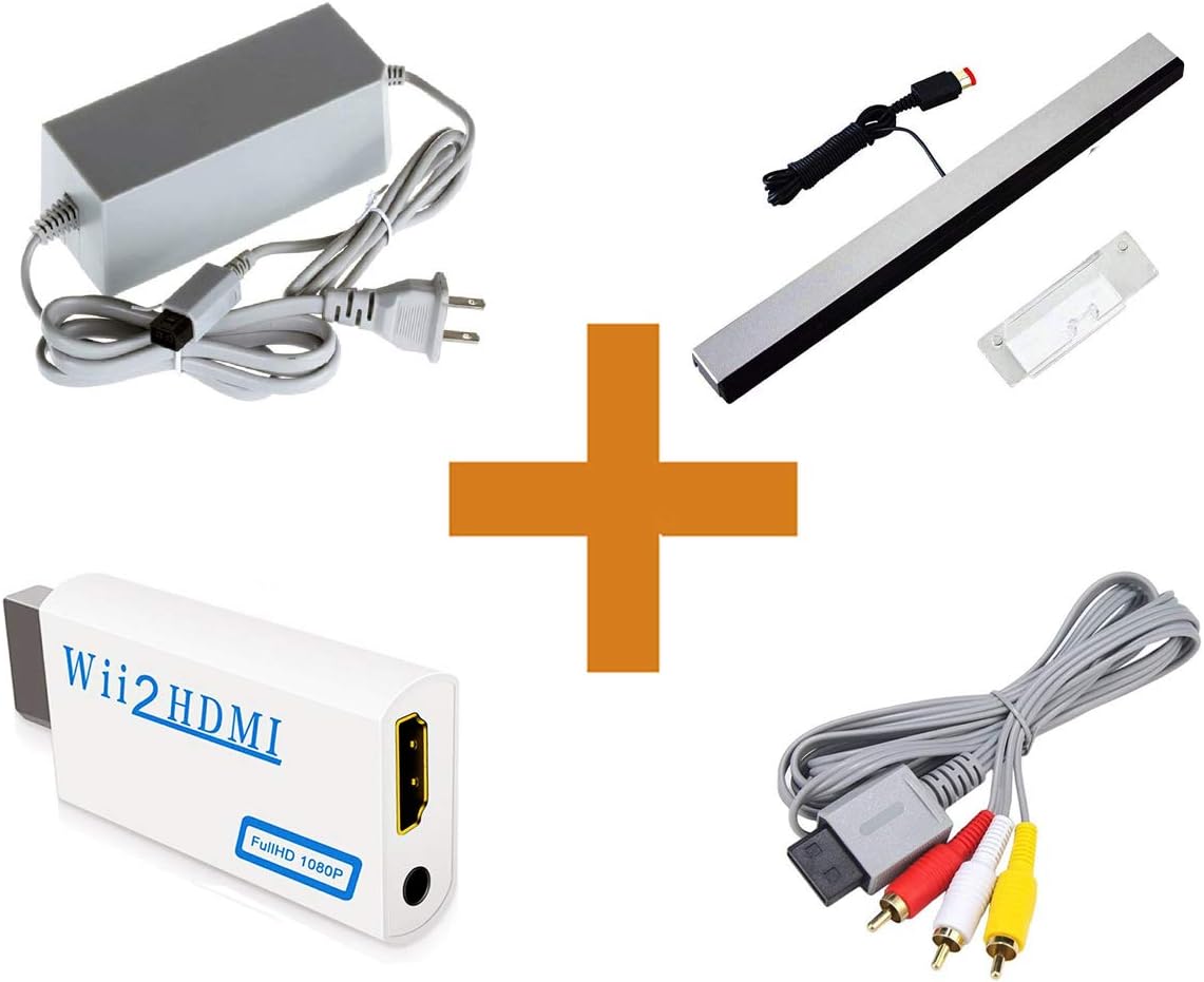 4 in 1 Wii Replacement Cables Set - AC Power Adapter, Wii to HDMI Converter, Wired Motion Sensor Bar and Composite AV Cable