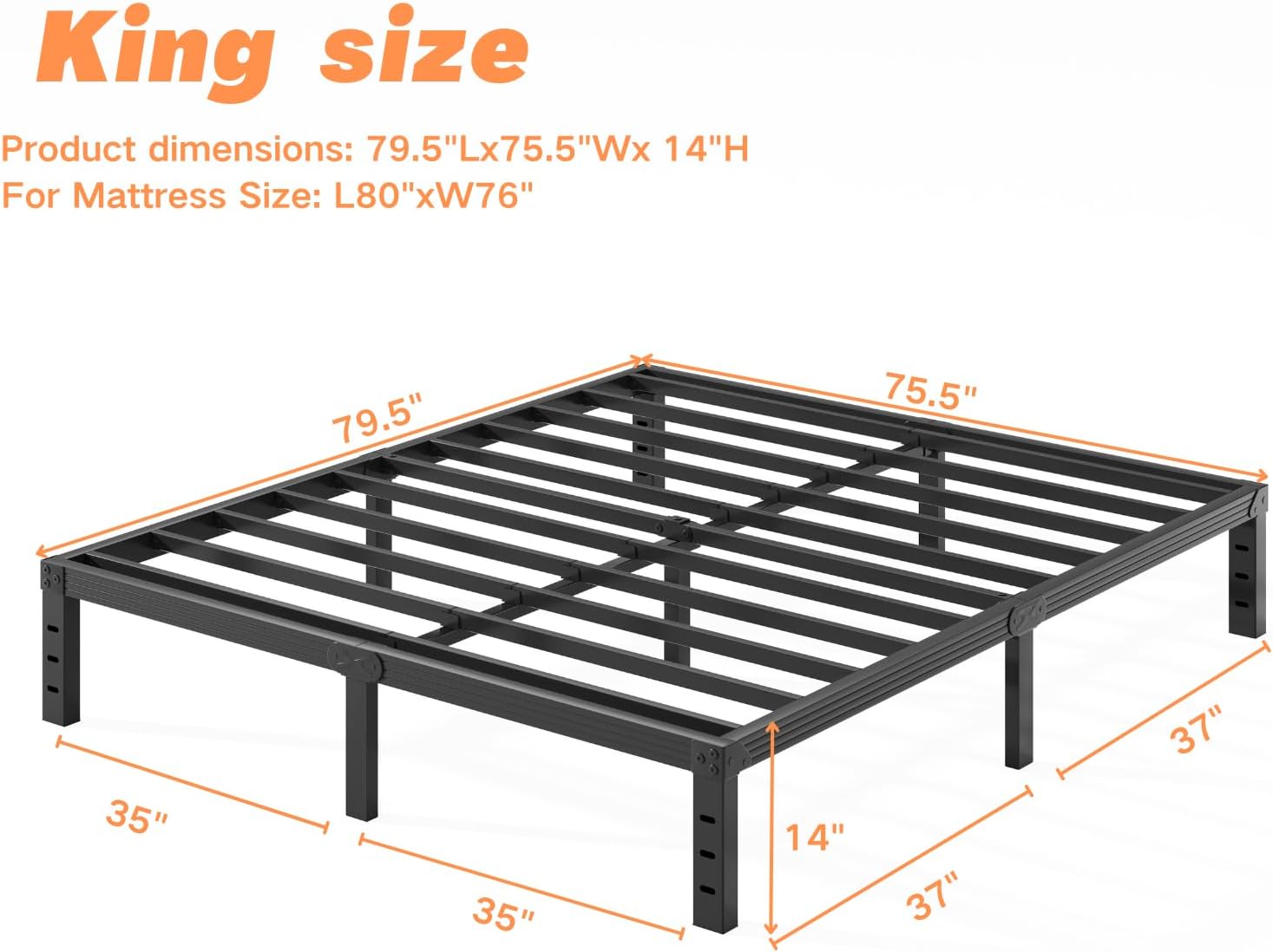 Heavy Duty Platform 14 Inch Full Bed Frame with Storage, Black