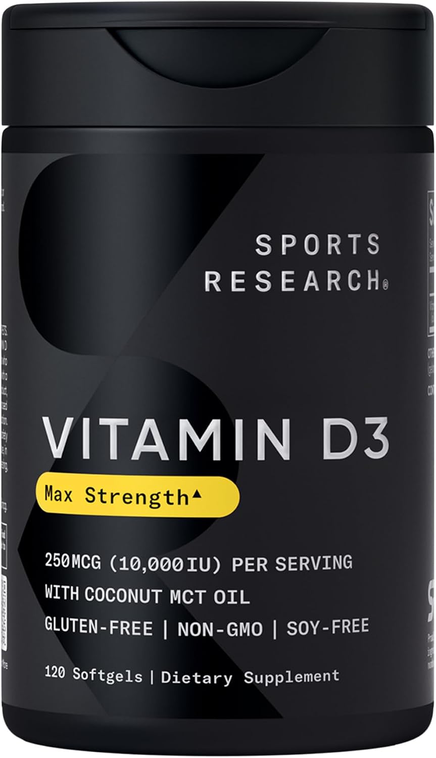 Sports Research® Vitamin D3 5000iu/125mcg with Coconut Oil, 360 Softgels | Extra Strength Vitamin D Supplement | Immune, Bone, Mood Support | Non-GMO, Soy Free - 360 Servings