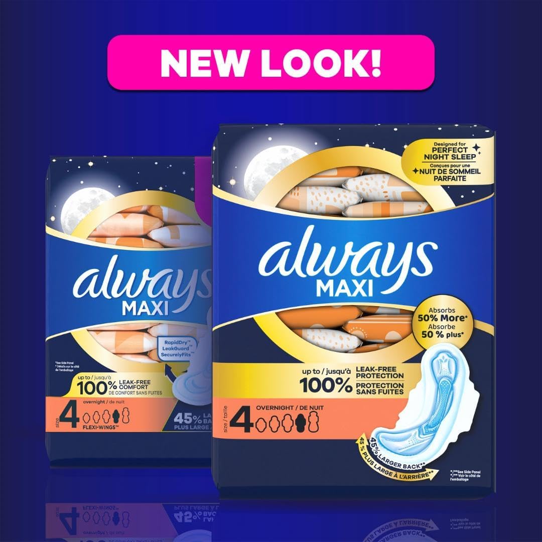 Always Maxi Overnight Feminine Pads with Wings for Women, Size 4, Overnight Absorbency, Unscented, Up to 100% Leak-Free Protection, 48 Count