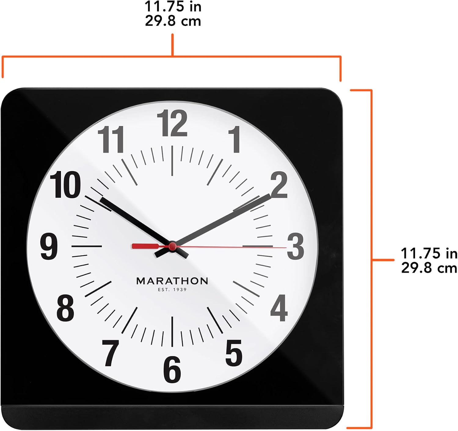 MARATHON Jumbo 12 Inch Analog Wall Clock with Warm Amber Auto Backlight, Silent Smooth Sweep (Black Case/White Dial - Commercial Edition)