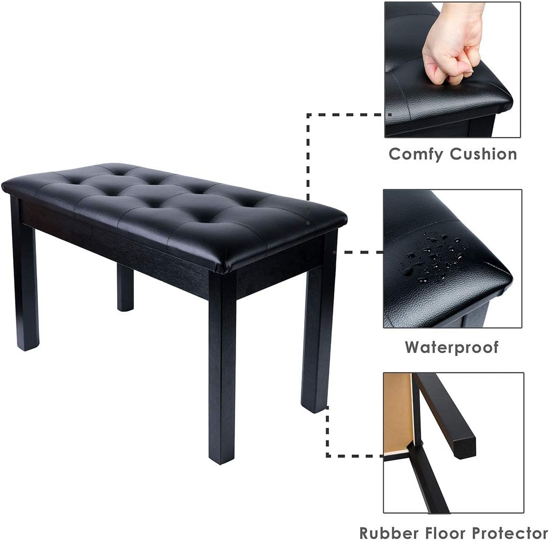 MU PU Leather Padded Piano Bench with Waterproof Cushion and Inner Solid Flip-Top Extra Music Storage for 2 People (Black)