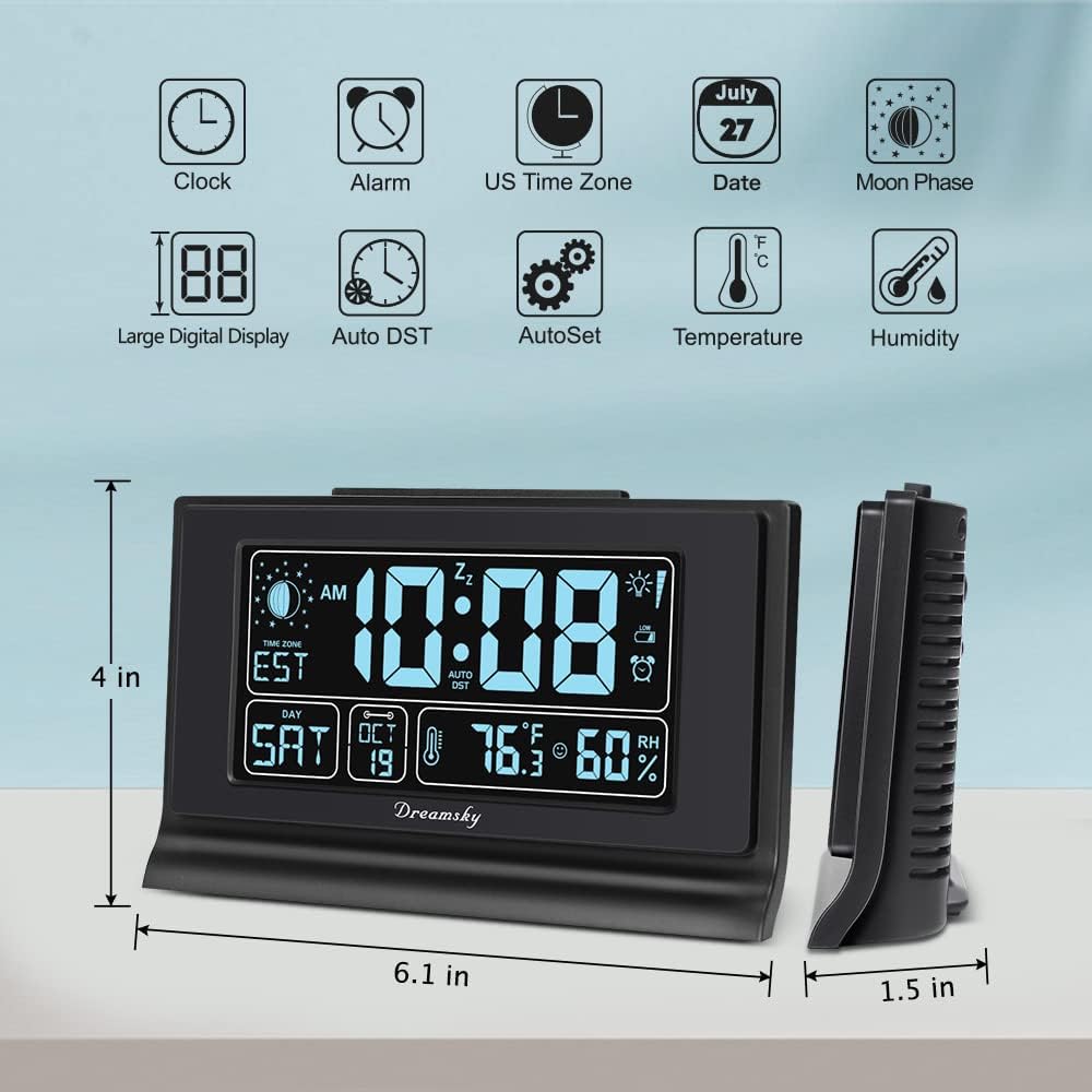 DreamSky Alarm Clocks for Bedrooms with Battery Backup, Auto Set | Digital Clock with Date & Day of Week, 5 Inch Large Display, Weekday, Temperature, USB Port, Auto DST, Brightness Dimmer