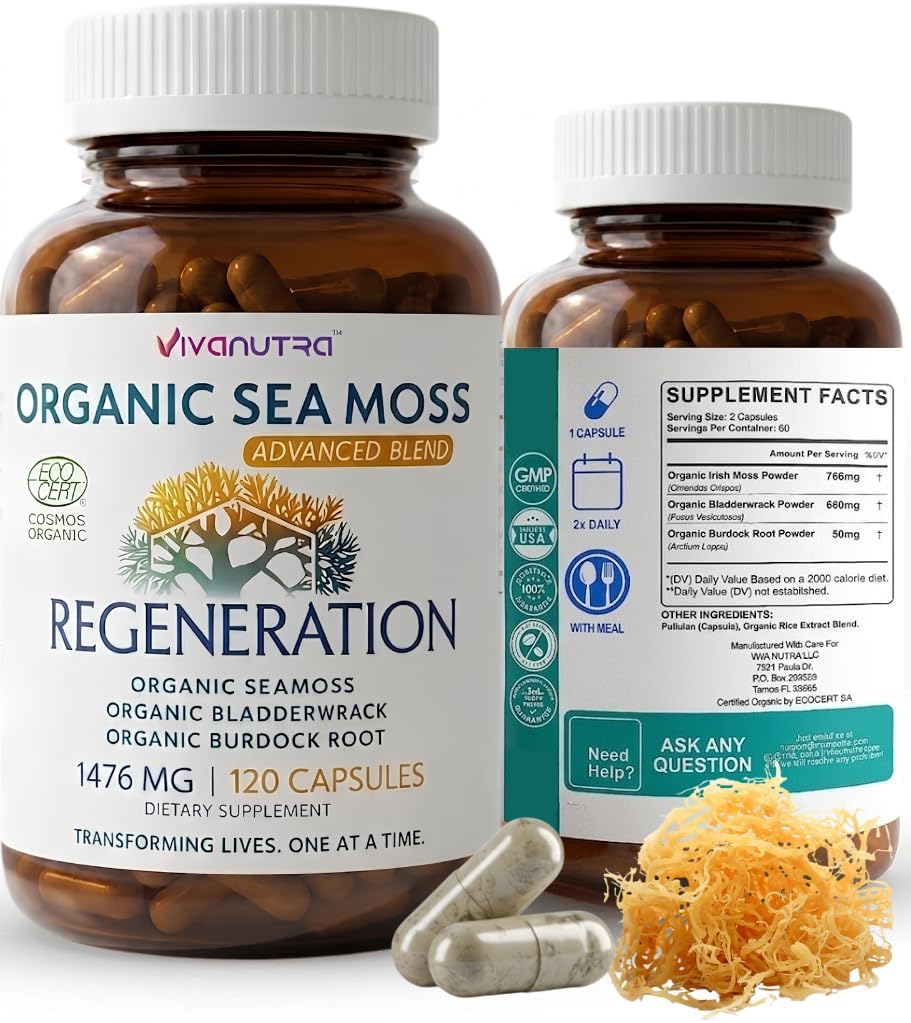 Organic Wildcrafted Sea Moss Capsules, 1476mg, Nova Scotia, 120ct