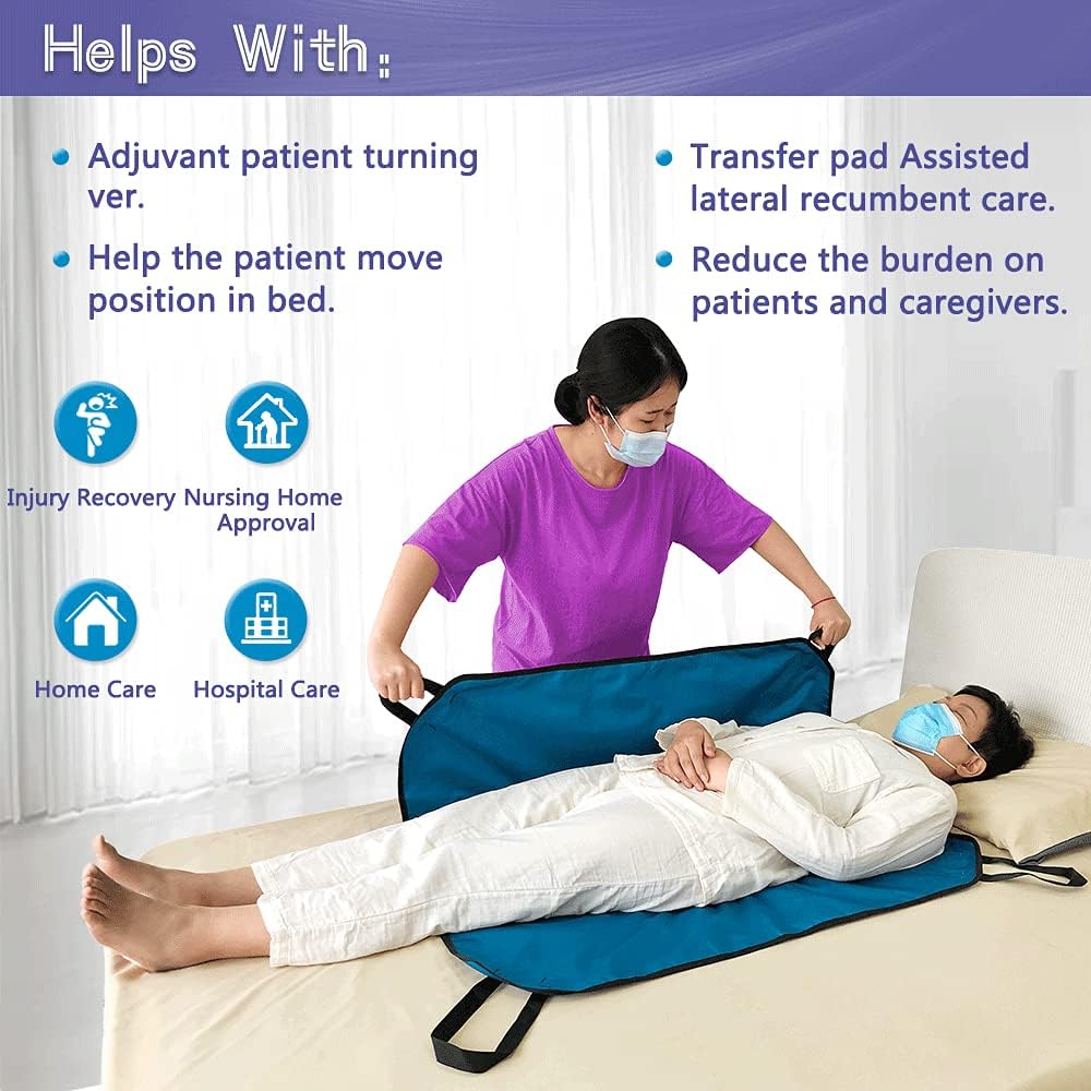 NEPPT Positioning Pad Draw Sheet Patient Transfer Board Lift Sheet Slide Protective Hospital Bed Mat with Handles for Incontinence, Bariatric, Elderly - Reusable & Washable (Blue-39" x 46")