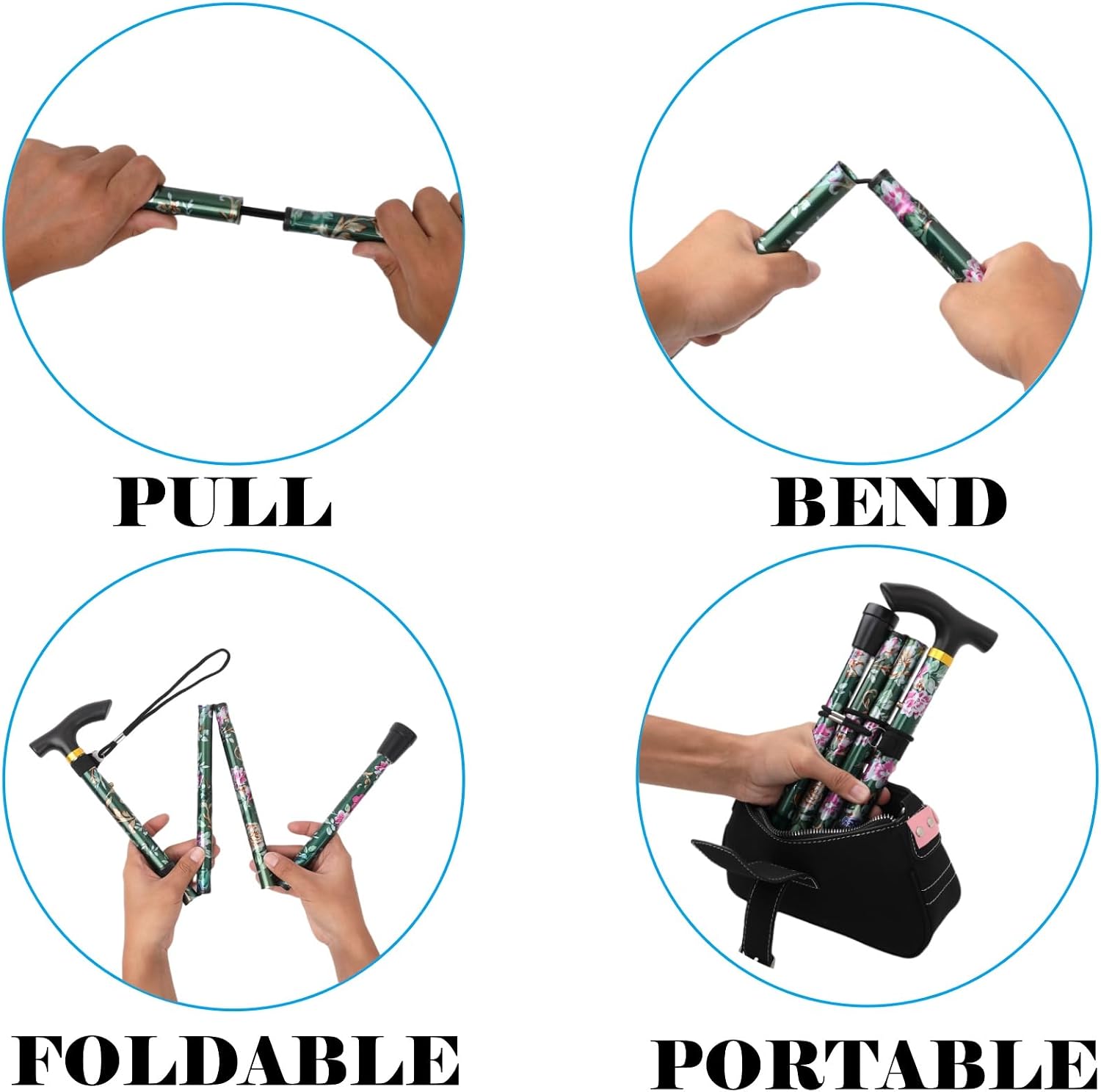 Folding Lightweight Walking Stick - Adjustable Aluminum Metal Collapsible Travel Cane with Non-Slip Rubber Base