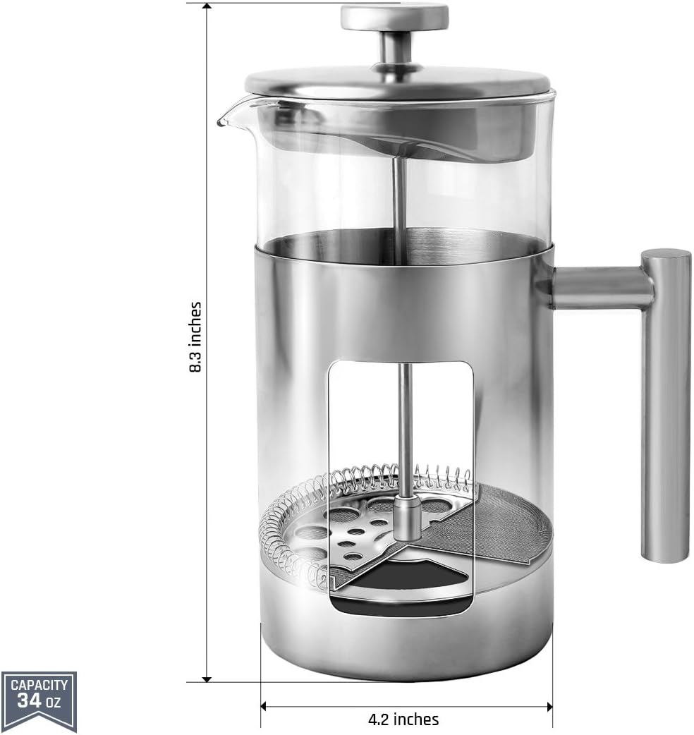 34 Ounce French Press Coffee Maker with Stainless Steel 18/8 frame