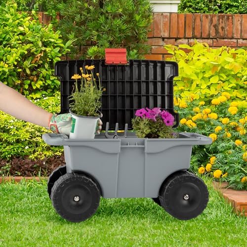 Rolling Garden Cart with Seat - Plastic Storage with Bench and Interior Tool Tray - Gardening Stool for Weeding and Planting By Pure Garden (Green) | Plastic Storage with Bench and Interior Tool Tray - Gardening Stool for Weeding and Planting