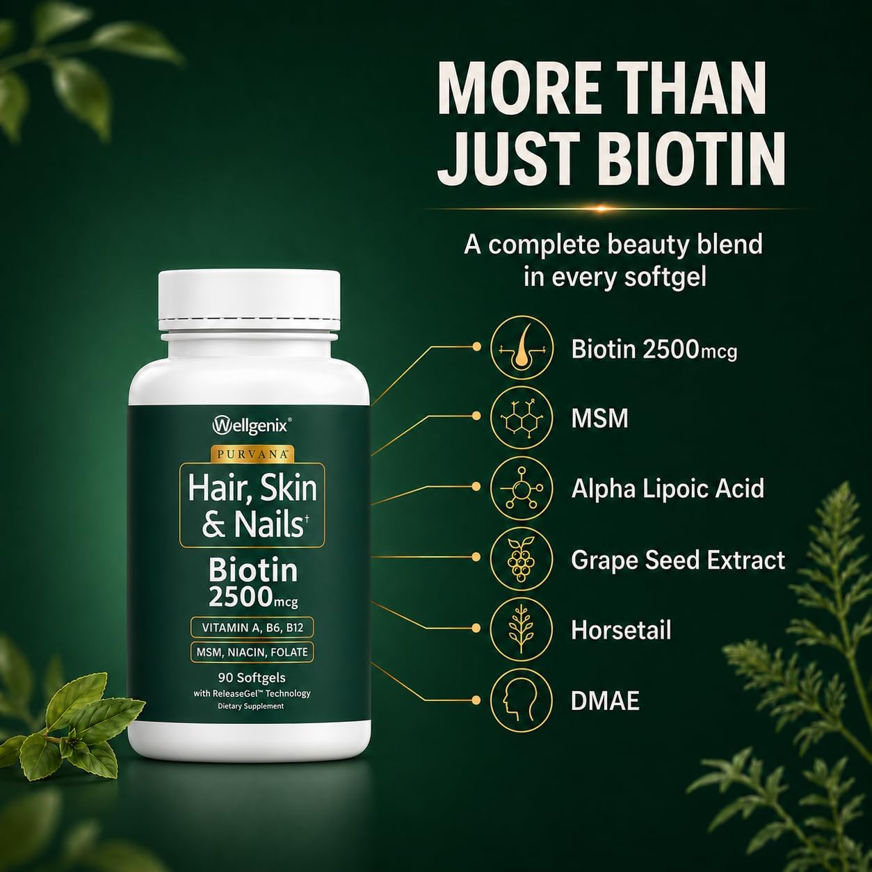 Wellgenix Purvana Hair Skin and Nails Supplement – 2500mcg Biotin Softgels with MSM & B-Complex – Daily Beauty Support for Stronger Nails & Hair Vitality – 90 Softgels | MSM, alpha lipoic acid & grape seed softgels for thicker-looking hair, stronger-look…