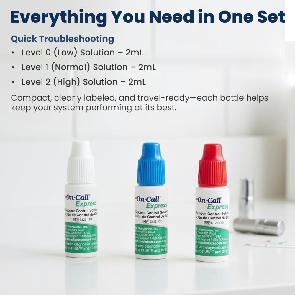 Glucose Control Solution Kit by On Call Express, Level 0, 1 & 2 for Blood Glucose Meters and Test Strips, Accuracy Check & Calibration Verification