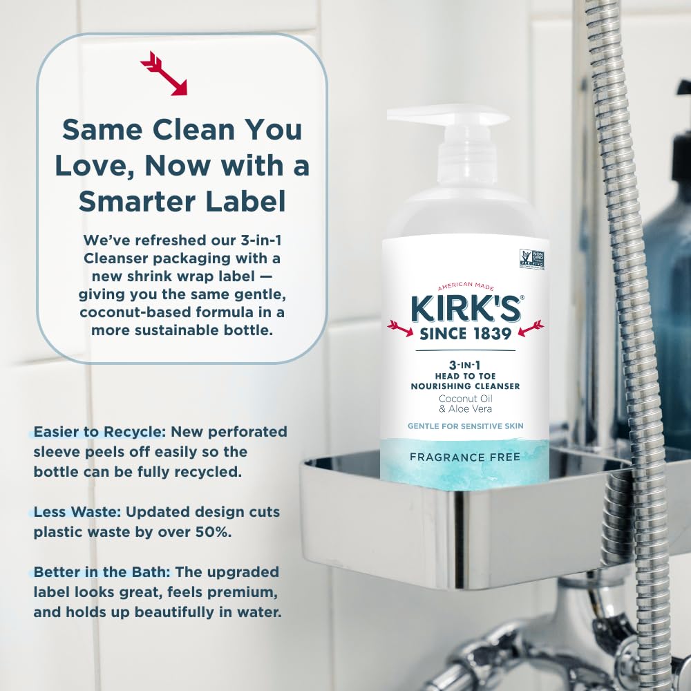 Kirk's Juniper & Lime​ 3-in-1 Nourishing Cleanser, Shampoo Body Wash Bubble Bath, Coconut Oil and Aloe Vera, Vegan Non-GMO, 32 Fl Oz