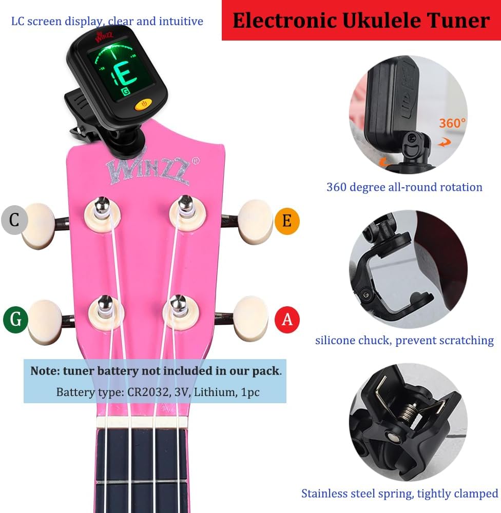 Winzz Soprano Ukulele Starter Kit For Beginners with Bag, Clip-On Tuner, Extra Strings, Strap, Plectrum, Fret Stickers, Chords Card, Polishing Cloth, Black