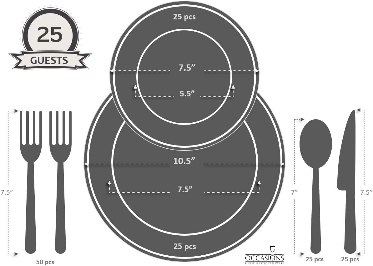 OCCASIONS 50 Ivory Disposable Plastic Plates for 25 Guests (Plain Ivory) | Heavy Duty Fancy Wedding Party Dinner & Salad/Dessert Set, 25x10.5" + 25x7.5", China-Like Look, BPA Free & Recyclable