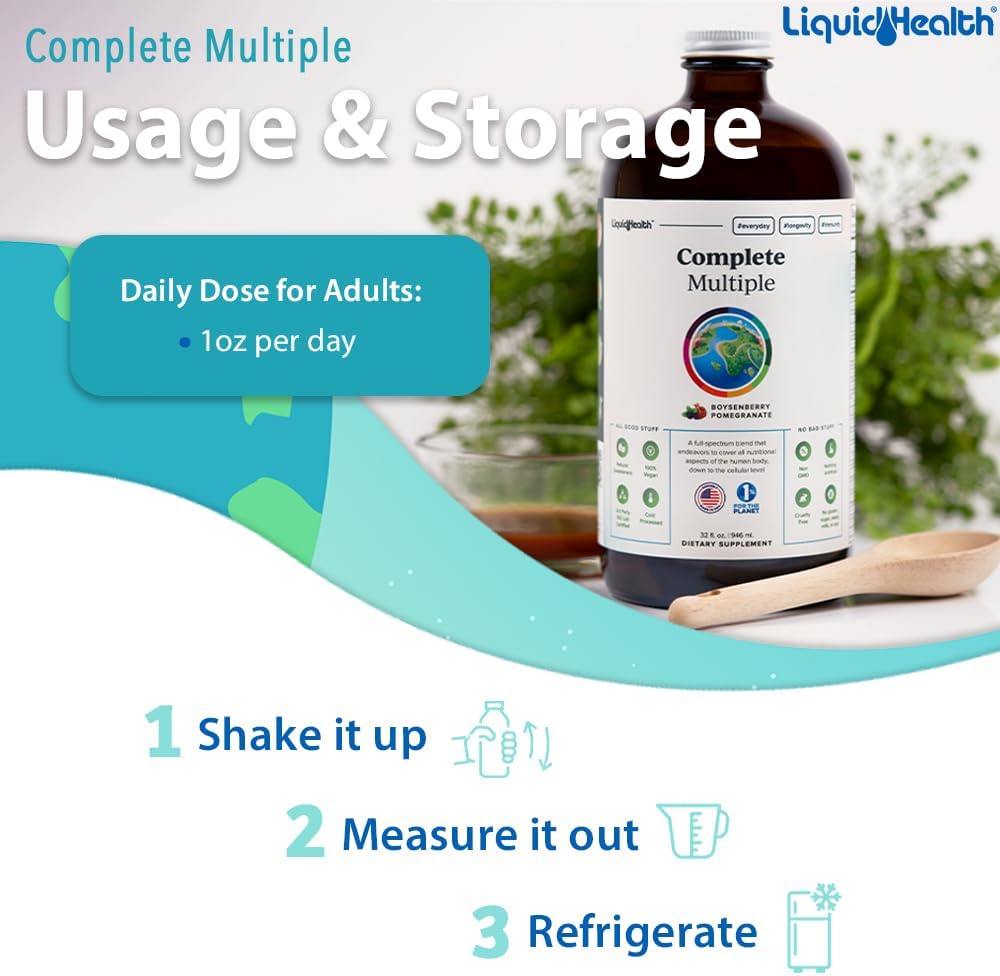 LIQUIDHEALTH Complete Multiple Adult Liquid Multivitamin - Essential Vitamins, Minerals & Nutrients, Immune Support, Gut Health, Energy, Detox - Made in USA, Vegan, Non-GMO, Sugar-Free (32 oz)