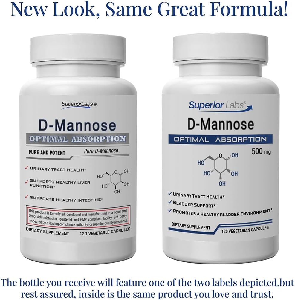 Superior Labs D-Mannose 500 mg, Pure Non-GMO Optimal Absorption Prebiotic, Urinary Tract, Bladder & Kidney UTI Support, Digestive & Liver Health Aid