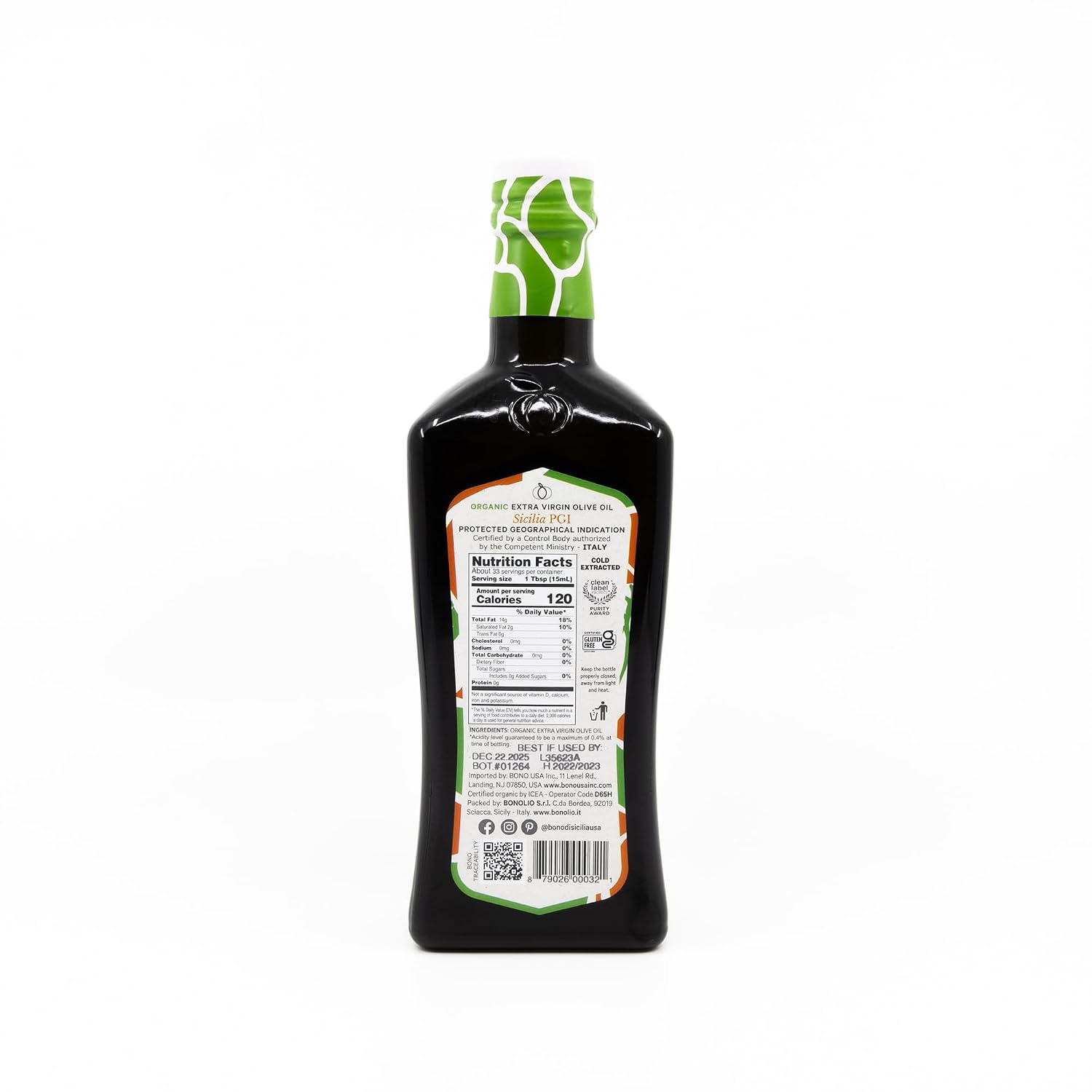 Bono Organic Extra Virgin Olive Oil, 16.9 Fl Oz – USDA Organic, Non-GMO, Certified Gluten Free, Cold Extracted, Clean Label Project Purity Award Winner