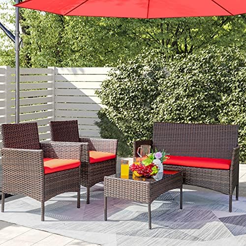 Greesum Patio Furniture 4 Pieces Conversation Sets,Brown and Beige