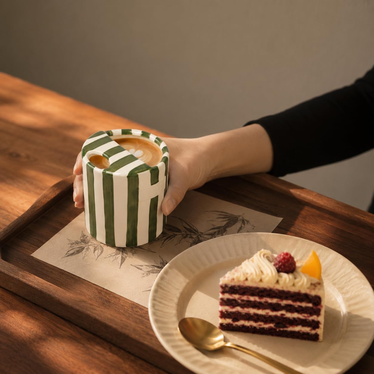 Ceramic Coffee Mug with Sip Hole Striped Travel Espresso Cup with Sleeve | Retro Hand-Painted Multiple Use