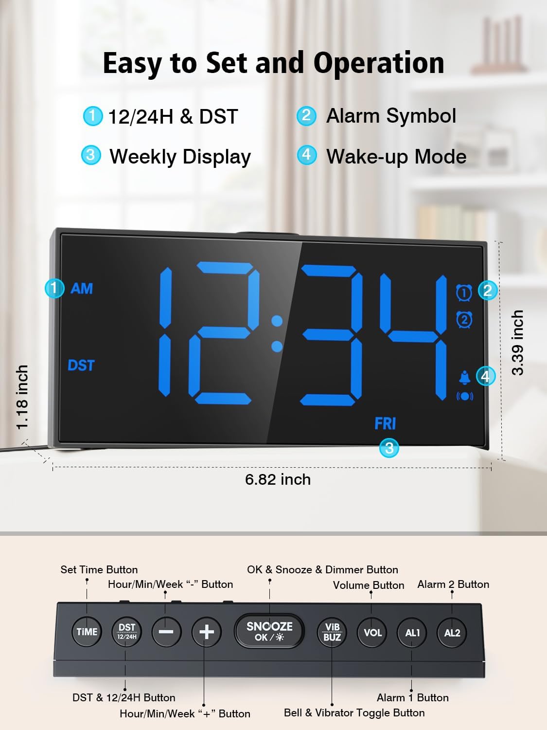 Digital Alarm Clocks for Bedrooms, Dual Alarms, 7.5-Inch Large Display