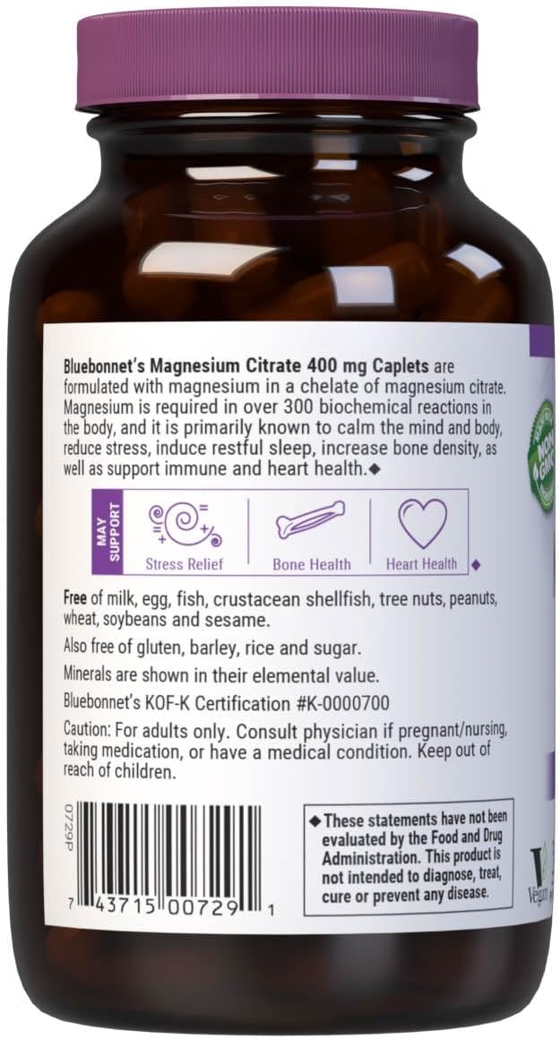 Bluebonnet Nutrition Magnesium Citrate, 400mg of Magnesium, Maximum Absorption, Supports Immune Health & Energy Production*, Soyfree, Gluten-Free, Non-GMO, Kosher, Dairy Free, Vegan, 120 Caplets | Supports Immune Health & Energy Production; Non-GMO, Vega…