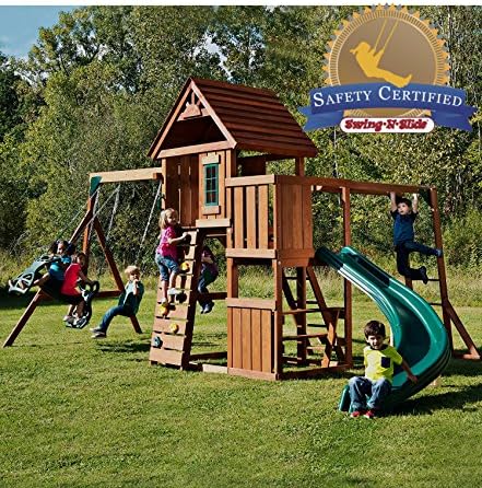 Swing-N-Slide PB 8272 Cedar Brook Wooden Swing Set Play Set with Two Swings, Slide, Monkey Bars, Picnic Table & Glider, Green