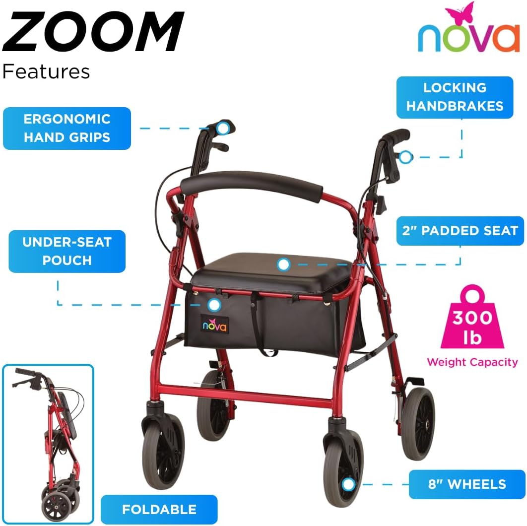 NOVA Zoom 22 Rollator Walker for Seniors, Rolling Walker with Locking Hand Brakes, Padded Seat & 8" Wheels, Lock N Load for Easy Transport & Storage, Adjustable Height 5'5"–6'1", Red