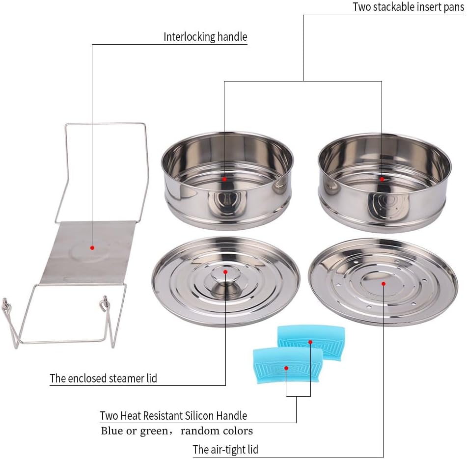 Stackable Steamer Insert Pans- Instant Pot Accessories 6 Qt-2 Silicone handle & Interchangeable Lids–Pressure Cooker Accessories- Pot in Pot for