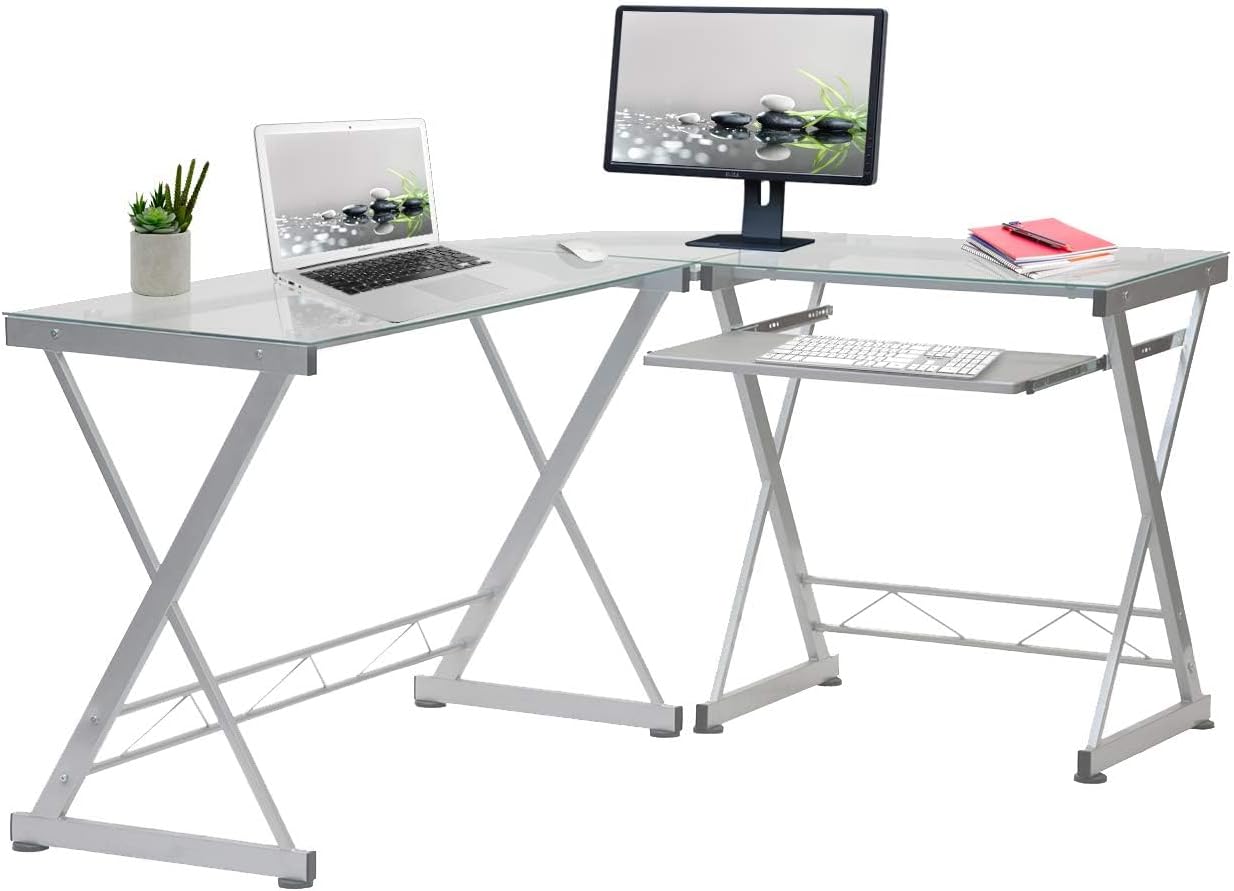 Scranton & Co Modern L-Shape Computer Desk, Glass and Steel, Clear Finish, 29.5" H x 61.75" W x 45.25" D, Reversible Design, Pull-Out Keyboard Tray