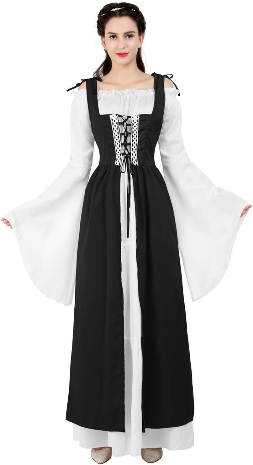 Kranchungel Renaissance Costume Women Dress: Flowy Long Sleeve Medieval Dress for Renaissance Faires & Medieval Festival