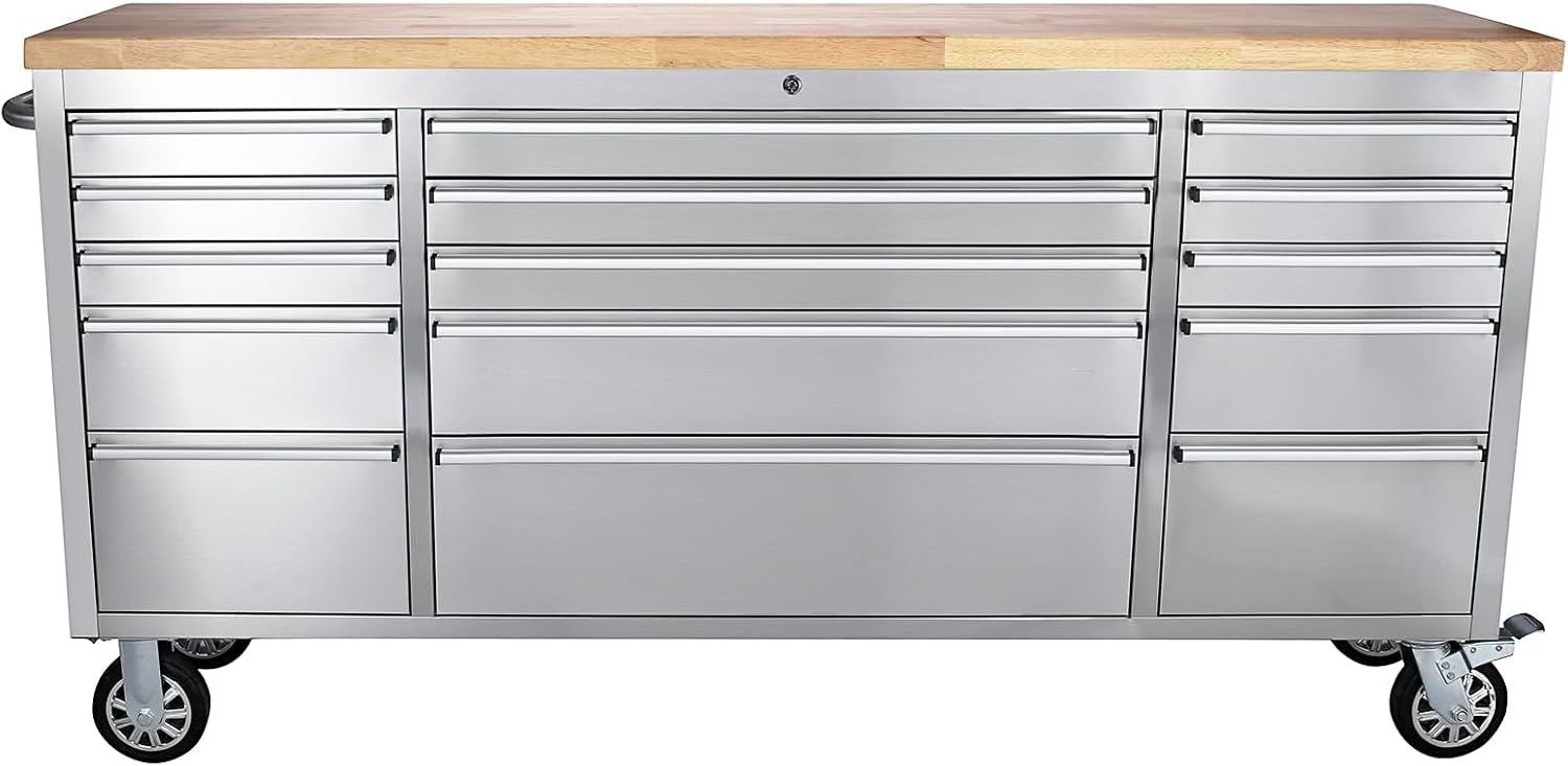 61-Inch Rolling Tool Chest with 10 Drawers & Power Strip, Solid Rubber Wood Top, 1675 LBS Load Heavy Duty Mobile Workstation, Locking System and Drawer Liners for Garage Warehouse Shop, Black