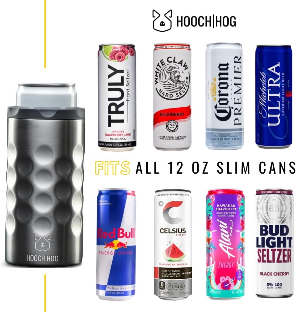 Hooch|Hog Slim Can Cooler Stainless Steel for 12 oz. Skinny Cans | 3x Insulated Beer Can Holder for Michelob Ultra, White Claw