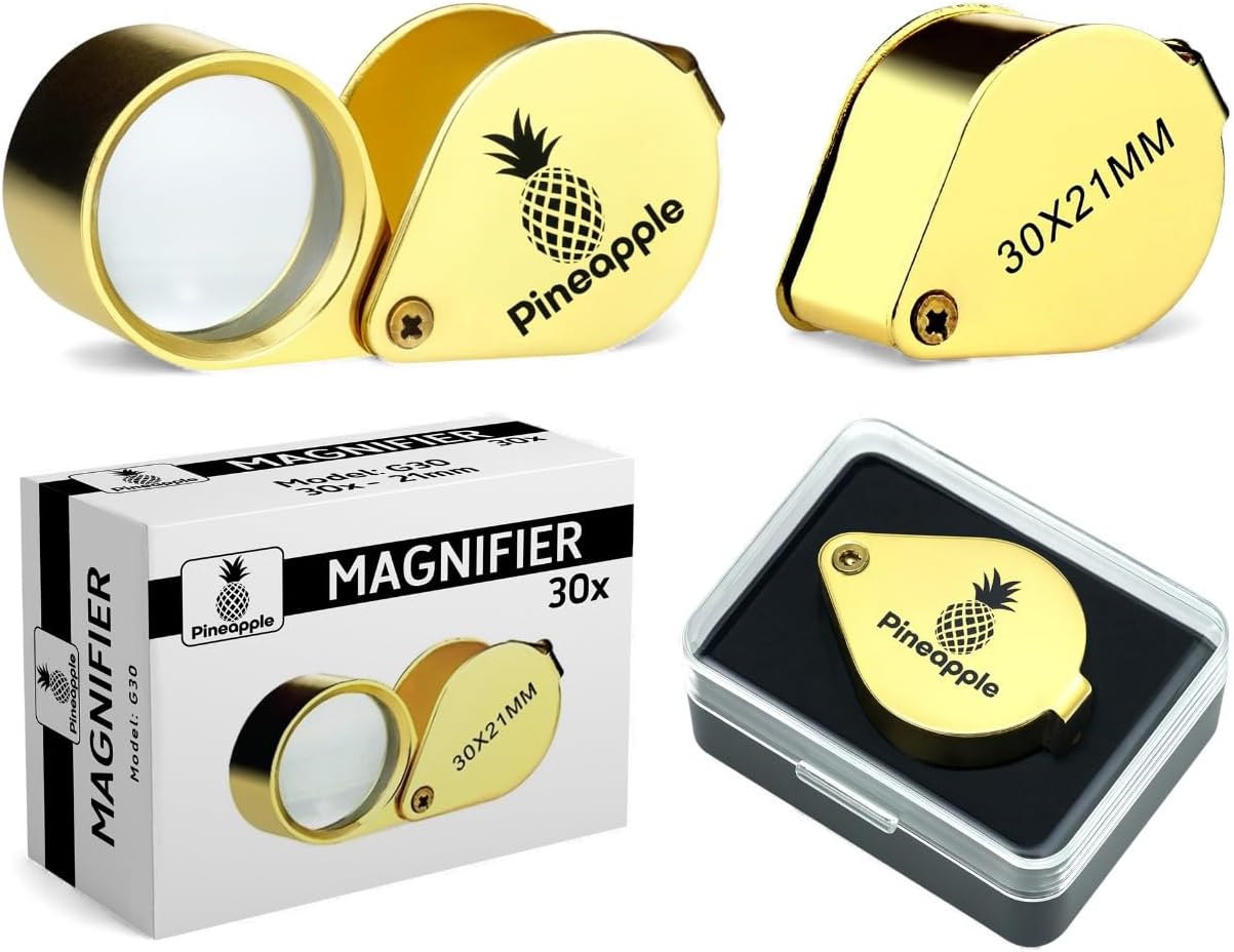 Pineapple 30X Jewelers Loupe Magnifier Foldable Pocket Magnifying Glass Small Jewelry Eye Loop for Jewelers, Gems, Diamonds, Plants, Coins (Gold)