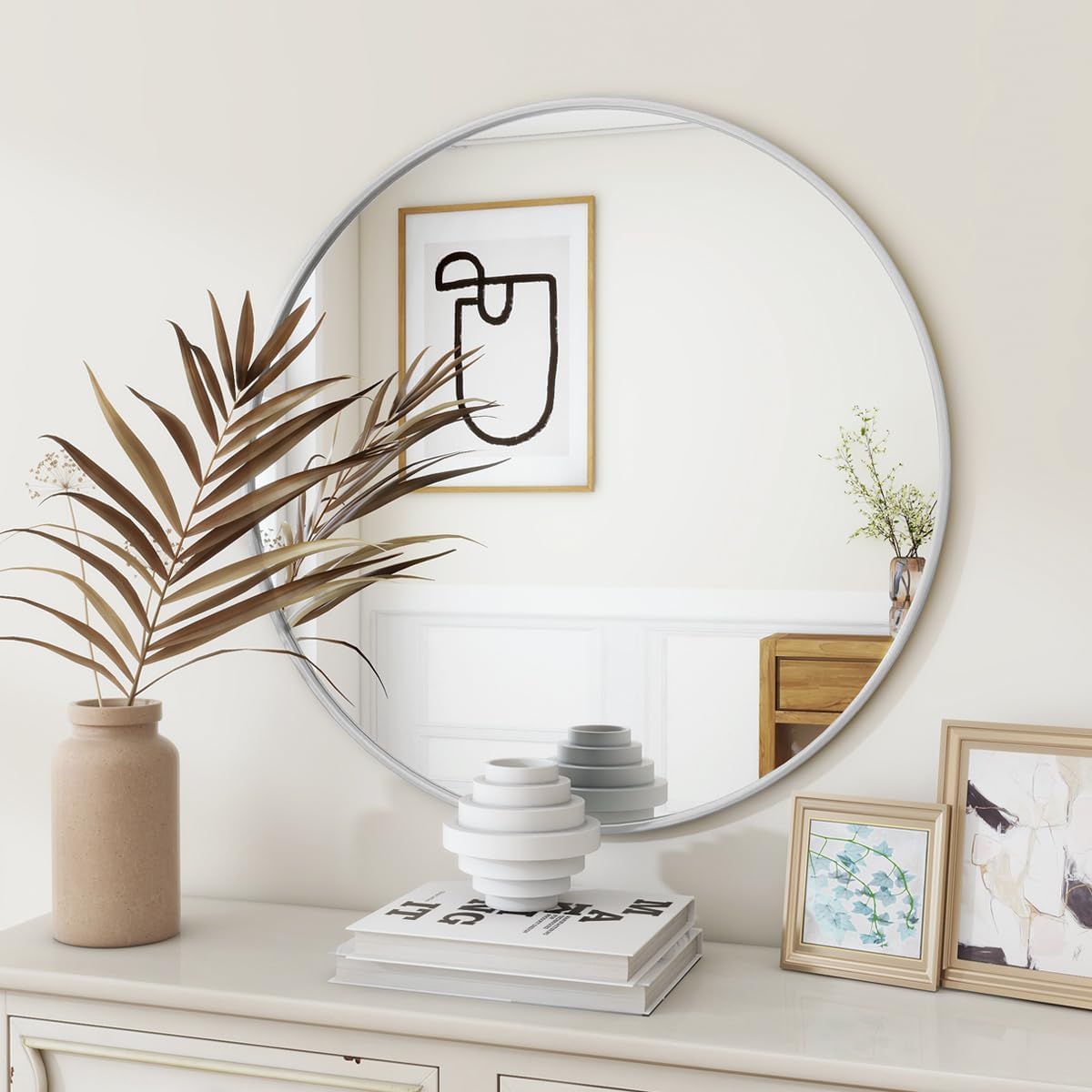 BEAUTYPEAK 24 Inch Round Mirror, Metal Frame Circle Mirror, White